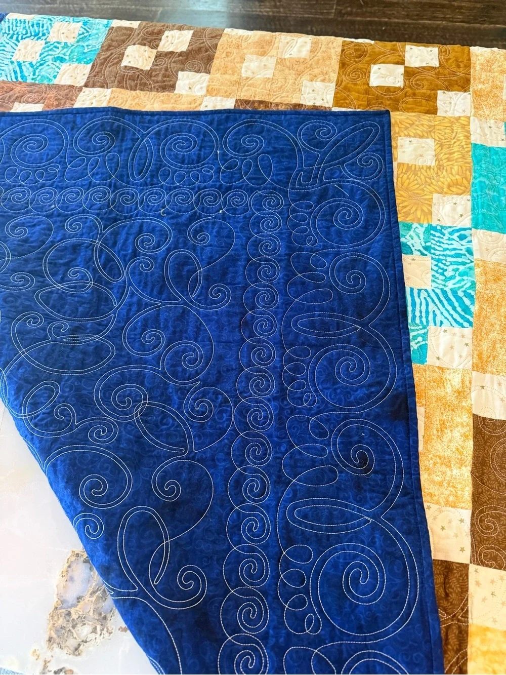Vintage Patchwork Quilt in Mustard, Brown & Teal Accents